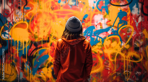 Amidst street art and graffiti, a passionate individual embraces radical self-expression with bold and unconventional attire, celebrating authenticity through vibrant colors and bold details.