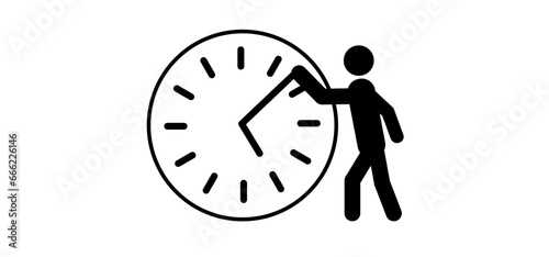 Business man or stickman fight against time. Stick figures man, businessman and clock icon. Time, deadline sign. Recruiter work time concept. Dead line, managing or management time. Job tome to work.