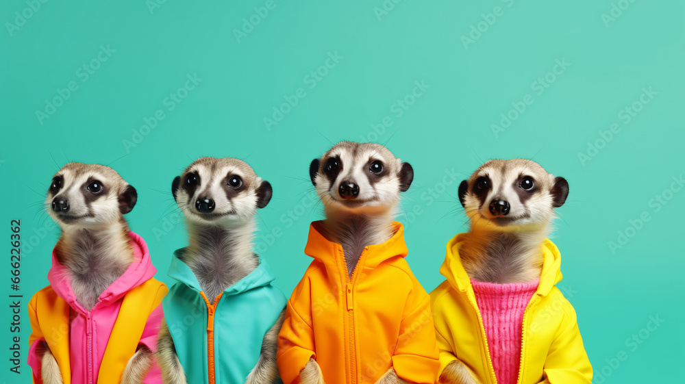 Creative animal concept. Meerkat in a group, vibrant bright fashionable outfits isolated on solid background advertisement, copy text space. birthday party invite invitation banner 