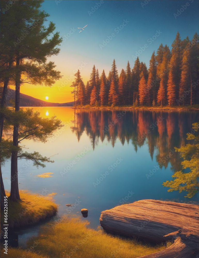High-def painting: tranquil wilderness, serene lake, sunset's golden glow, captivating beauty.