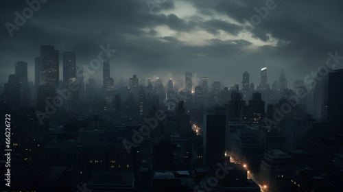 A sprawling metropolis engulfed in perpetual shadows, skyscrapers reaching into the ominous clouds. Dimly lit windows reveal the silhouette of a city plagued by harsh surveillance. AI generative.