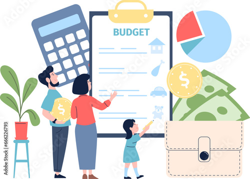 Family budget planning. Child and parents outline expenses. Household and financial management. Allocation money for different items recent vector scene