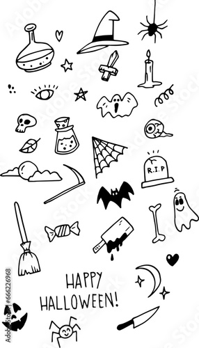 Hand-drawn halloween themed doodle icon pack