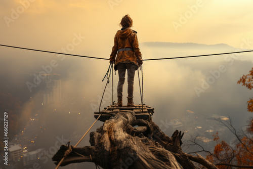 A tightrope walker carefully balancing on a high wire, symbolizing the skillful risk management required in daring endeavors. Concept of risk in performance. Generative Ai.