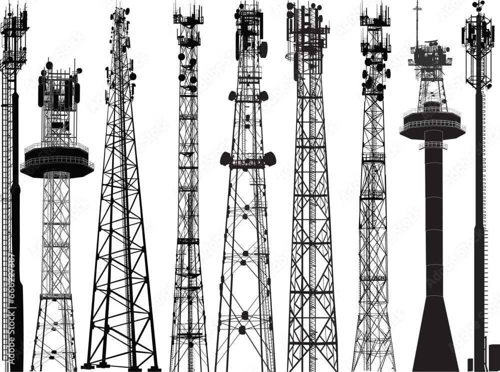 set of nine antenna black silhouettes on white background - obrazy, fototapety, plakaty 