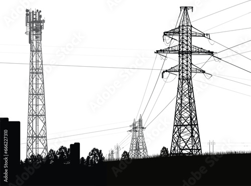 electric and radio towers isolated on white