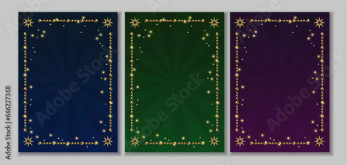 Set of luxury holiday backgrounds with frames made of golden chains, stars. Shiny borders with stars, sparks on vintage backdrop with beams. Not AI