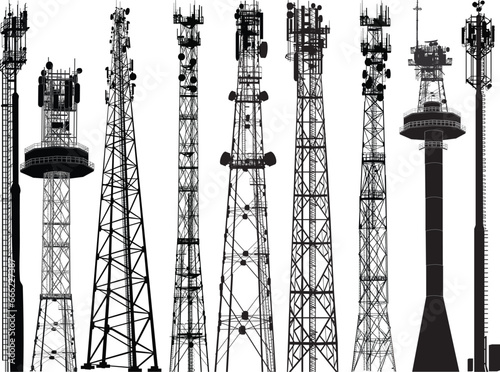 set of nine antenna black silhouettes on white background photo
