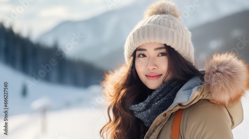 Young beautiful Asian woman wearing a warm winter hat relaxing at a winter resort
