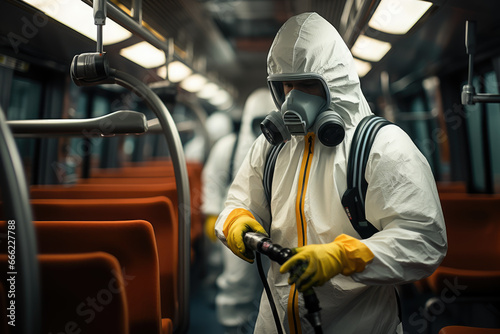 A worker disinfecting and sanitizing high-touch surfaces in a public transportation vehicle, ensuring passenger safety and transport hygiene. Concept of public transit cleaning. Generative Ai. © Sebastian