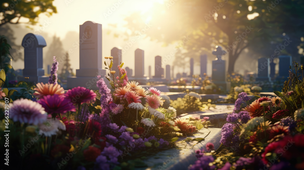 Gravestones in the cemetery. No people. Funeral services concept. - obrazy, fototapety, plakaty 