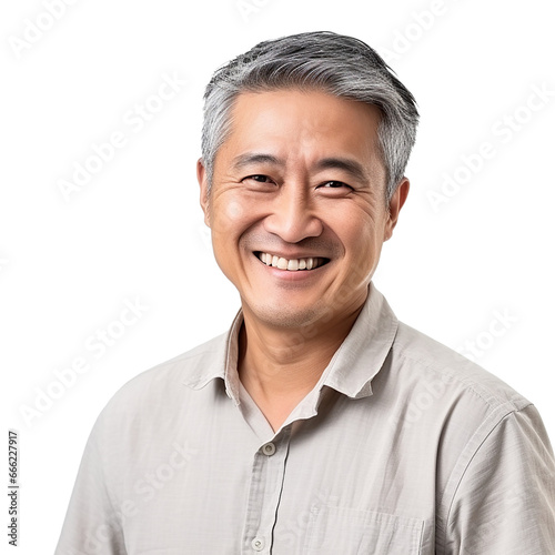 Portrait of handsome mature smiling Asian man with clean teeth. and casual dress. Gray and black hair. Transparent png, add your own background. Generative ai.   