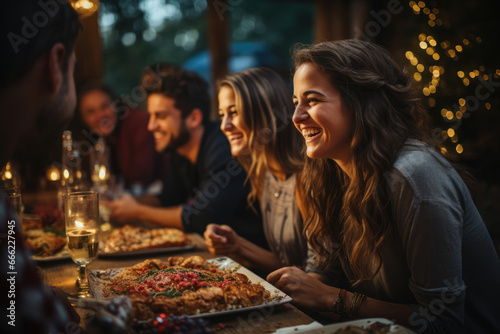 A group of friends organizing a potluck dinner party on Boxing Day  sharing homemade dishes and laughter. Concept of social gatherings. Generative Ai.