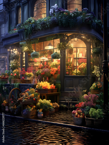 Flower shop after rain  vibrant cityscape background