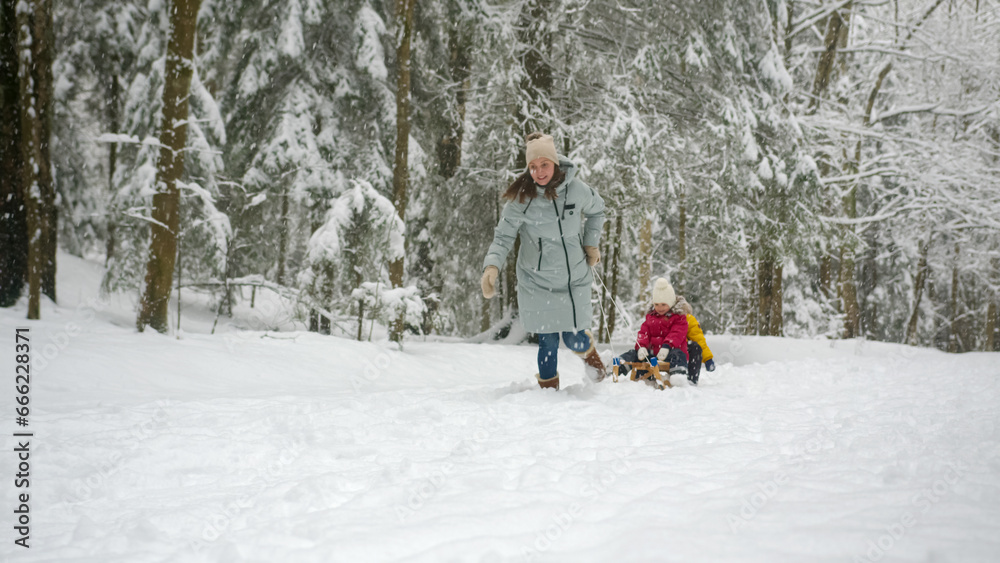 Adult mother walks with delighted children on sled in snowy winter forest