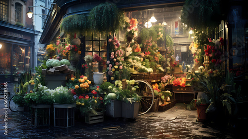 Flower shop after rain, vibrant cityscape background