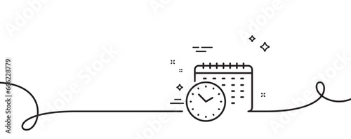 Calendar time line icon. Continuous one line with curl. Clock sign. Watch symbol. Calendar time single outline ribbon. Loop curve pattern. Vector