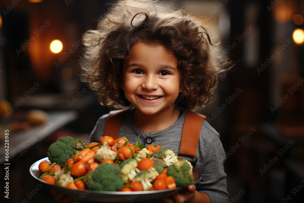 A child enthusiastically eating a plate of mixed vegetables, promoting the importance of a balanced diet for kids. Concept of childhood nutrition. Generative Ai.