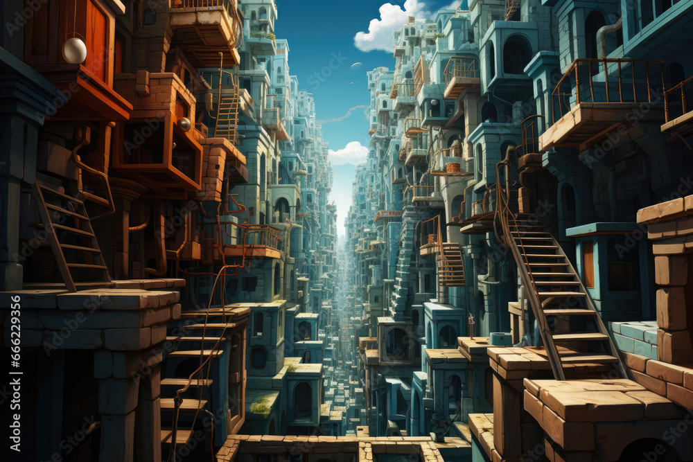 A surreal painting of a cityscape where gravity works differently, illustrating the imaginative possibilities of parallel universes. Concept of artistic interpretation. Generative Ai.