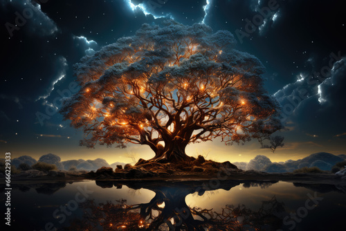 An artist's depiction of a branching tree, with each branch representing a different parallel universe. Concept of the multiverse. Generative Ai.