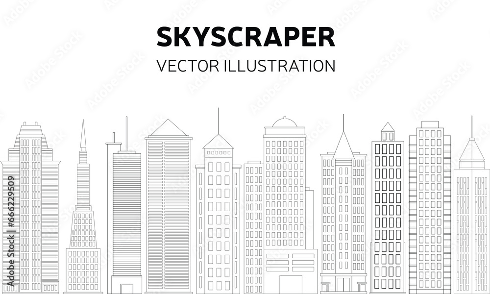 Banner with doodle skyscraper. Office building in doodle style. Vector illustration.
