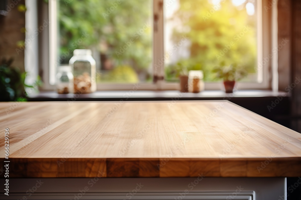Wooden light empty table top in a modern rural kitchen, kitchen panel in interior. Template showcase scene for advertising products Wooden light empty table top in a modern rural kitchen, kitchen panel in interior. Template showcase scene for advertising products