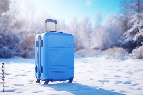 Blue modern suitcase with small wheels standing on the snowy road. Winter concept, travel, flight, vacation, holidays in the mountains.
