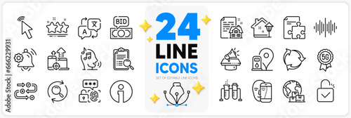 Icons set of Cursor, 5g technology and Lock line icons pack for app with Survey progress, Petrol station, Street light thin outline icon. Sound wave, Translate, Strategy pictogram. Vector