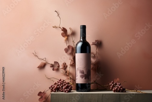 an advertisement photo of a bottle of wine on a beige colored rusty pink blush background, with a vine branch and grapes