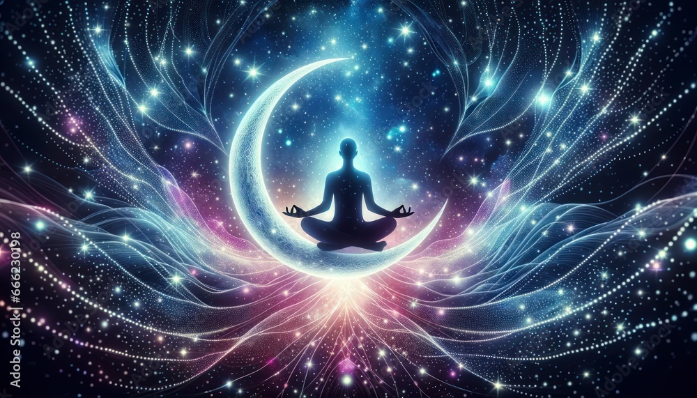 Silhouette meditating on a crescent moon, surrounded by twinkling stars, emphasizing cosmic connection. Silhouette meditating on a crescent moon, surrounded by twinkling stars, emphasizing cosmic connection.