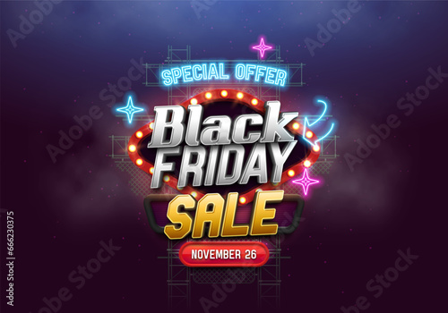 Black Friday banner with retro neon lighting. Promotion sale poster. Vector illustration.