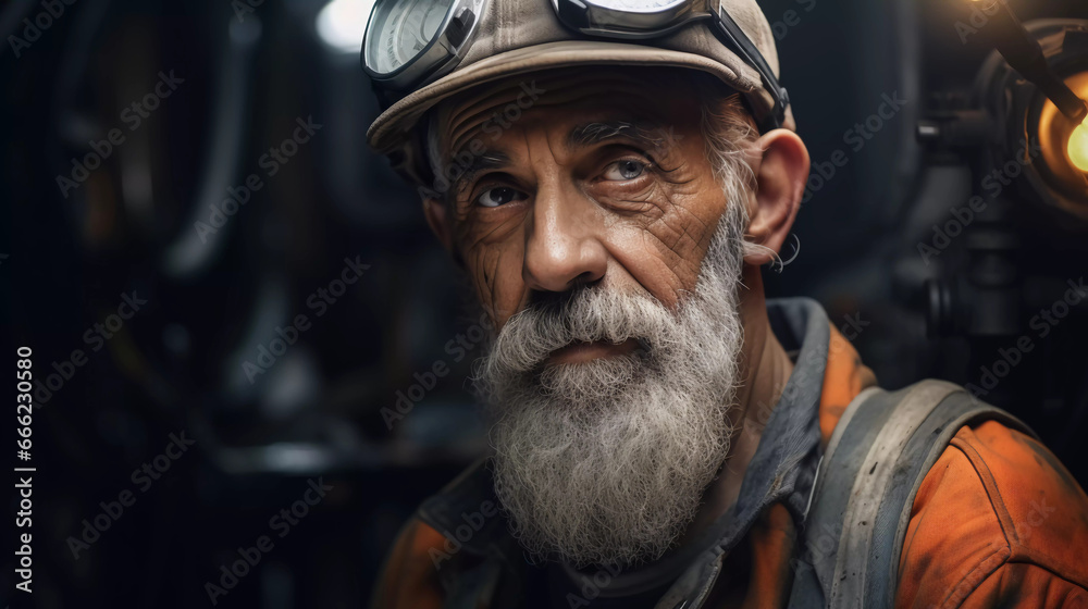Old senior man worker engineer with beard on the plant, close-up portrait