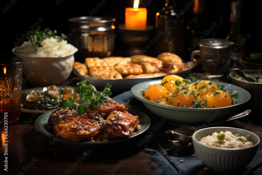 A table set for a St. Lucia's Day feast, featuring a variety of dishes including pickled herring, meatballs, and rice pudding. Generative Ai.