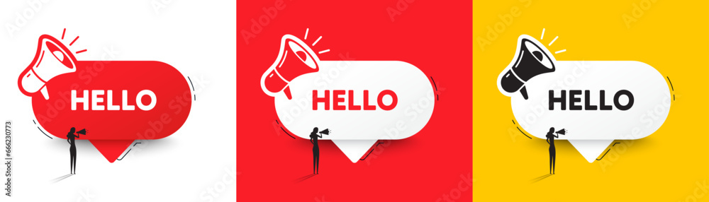 Hello welcome tag. Speech bubble with megaphone and woman silhouette. Hi invitation offer. Formal greetings message. Hello chat speech message. Woman with megaphone. Vector - obrazy, fototapety, plakaty 