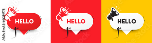 Hello welcome tag. Speech bubble with megaphone and woman silhouette. Hi invitation offer. Formal greetings message. Hello chat speech message. Woman with megaphone. Vector