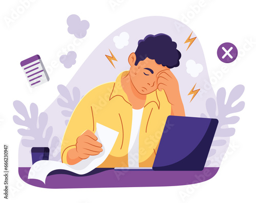 Stressed handsome worker. Distressed male employee. Overwork at work. Burnout young man. Flat Vector Illustration