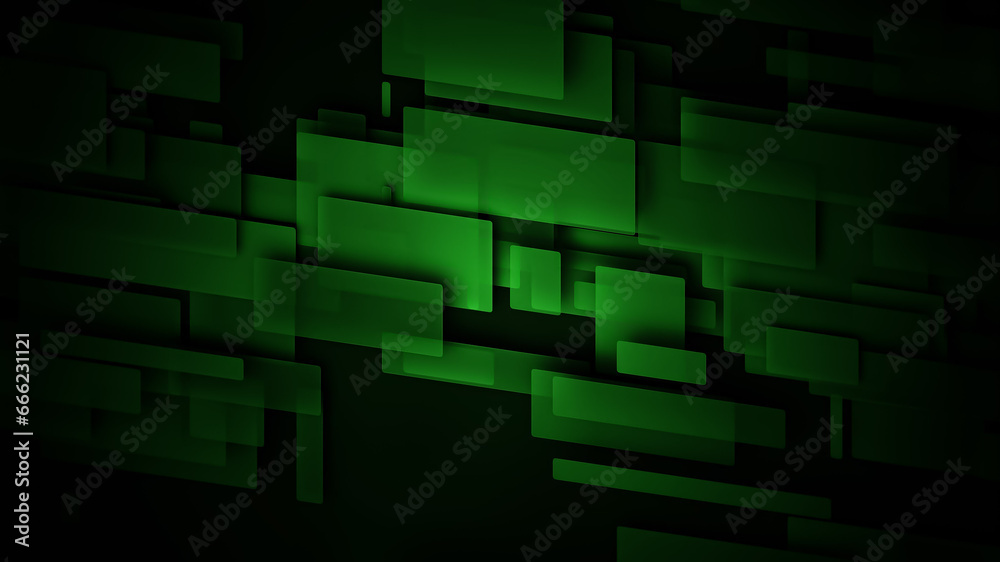 Illustration of a dark background with green translucent transparent interlaced different rectangles