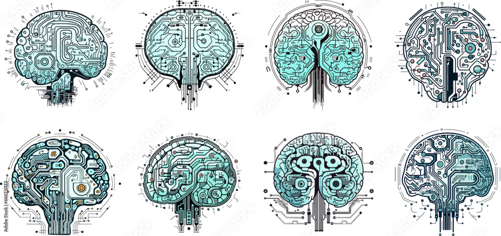 AI mind signs. Tech intelligence digital brain, business data computing ...