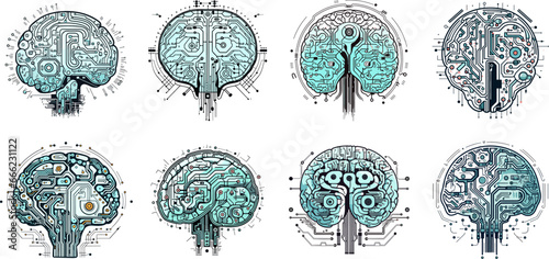 AI mind signs. Tech intelligence digital brain, business data computing circuits machine symbols isolated on white