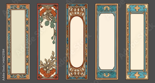Art-nouveau color empty banners. Romantic art deco modern frames with floral ornament, vintage colour borders, retro packaging decor with flowers photo