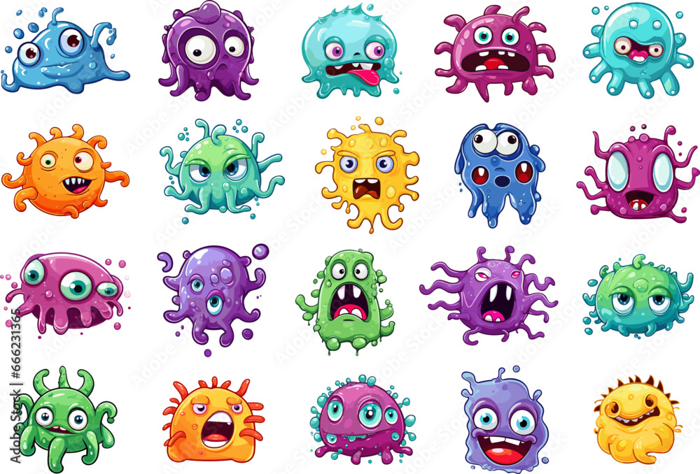 Colourful spooky bacteria set. Parasite cartoon characters group,kawaii scary microbes isolated, fun pandemic virus germs icons on white