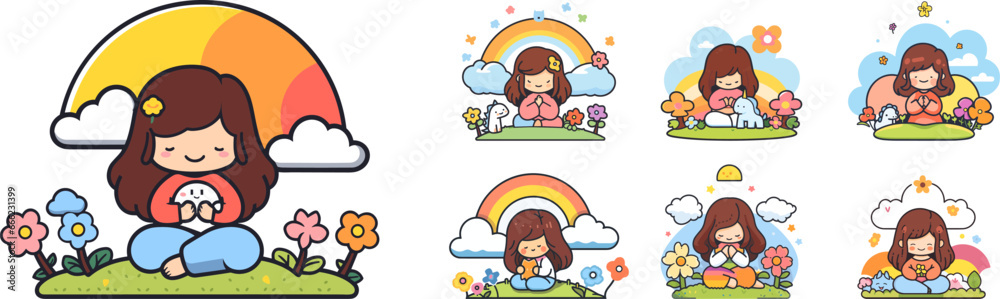 Cute little girl on meadow scenes. Kawaii tiny vector baby lady witp pet, toddler girlie children with green grass and rainbow simple anime vector illustration
