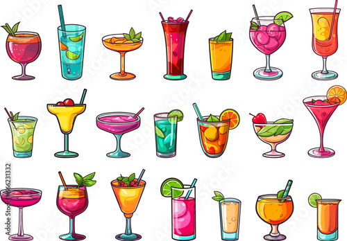 Cocktails and drinks colour cartoon icons. Variety alcohol and nonalcohol cocktail isolated beverages designs with cherry lemon lime mint strawberry on white