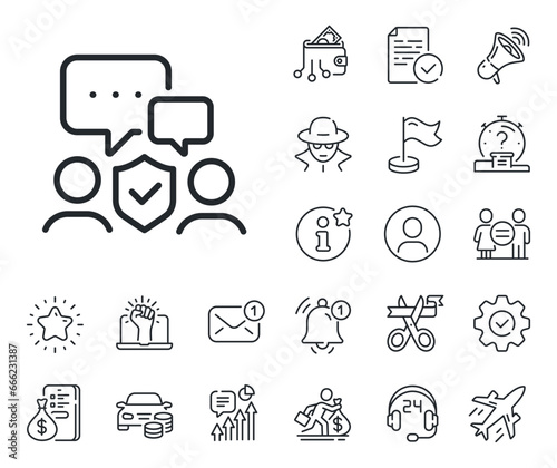 Body guards sign. Salaryman, gender equality and alert bell outline icons. Security agency line icon. Private protection symbol. Security agency line sign. Spy or profile placeholder icon. Vector