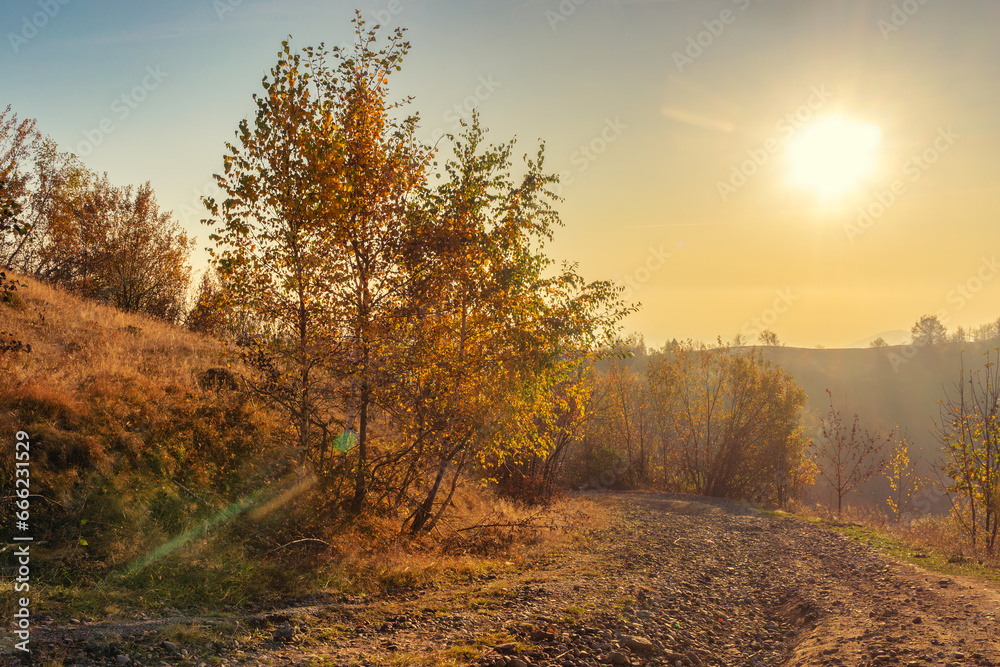 Fototapeta premium Rocky road in the mountains on an autumn evening