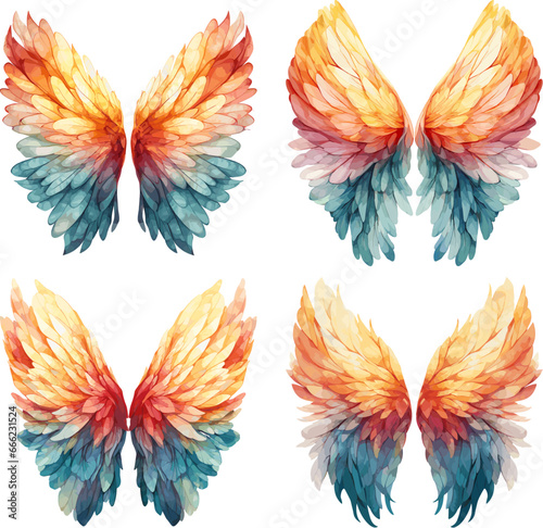 Fairy magical plumage in watercolor style. Soft fluffy aquarelle colored angel wings isolated on white background