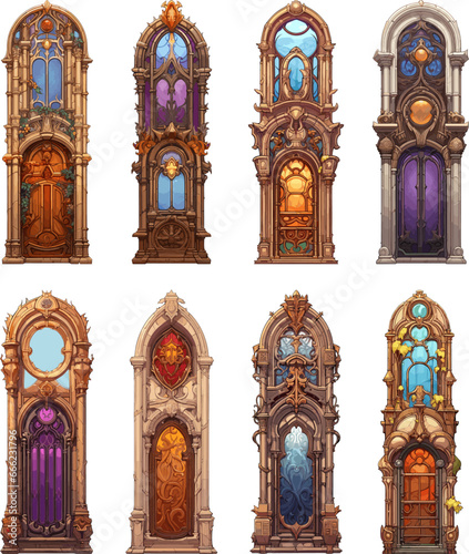 Medieval magic portals. Mysterious mystic gates in cartoon gothic style, mystery travel doors, magical entrance signs isolated on white background