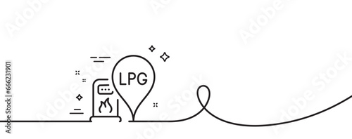 Gas station line icon. Continuous one line with curl. Filling LPG station location sign. Liquefied petroleum gas fuel symbol. Gas station single outline ribbon. Loop curve pattern. Vector