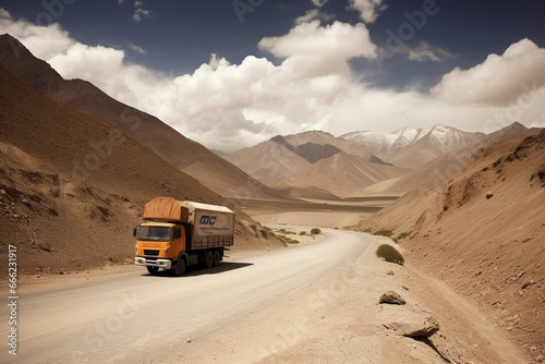 A truck transporting parcels along a road. Generative AI © Anthony