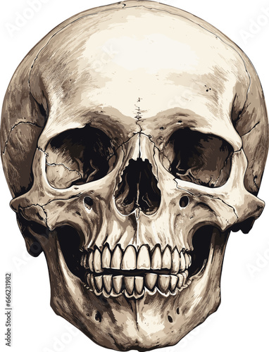 Old human skull vintage sketch. Detailed cranium etched drawing vector monochrome anatomy illustration